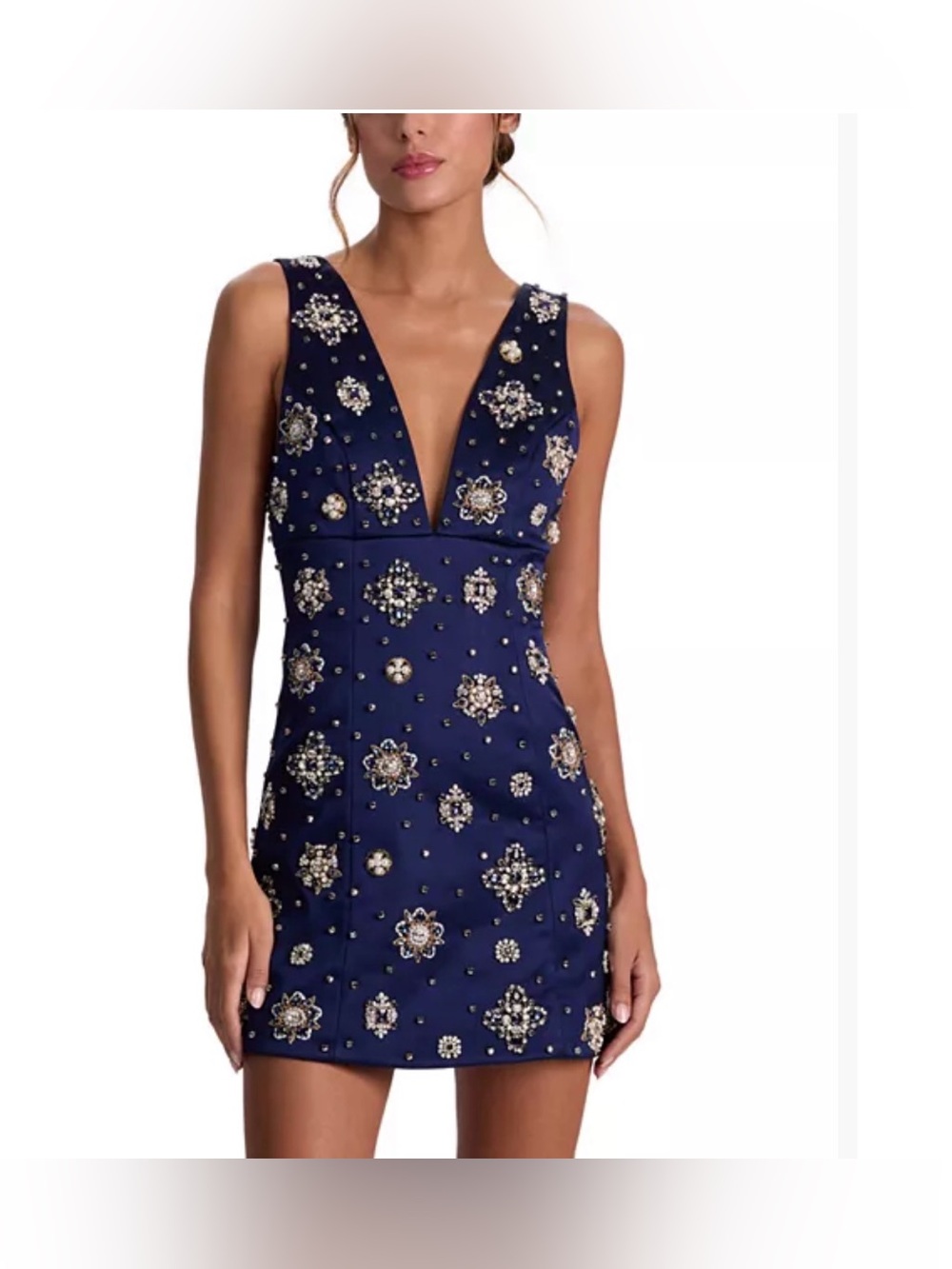 Alice + Olivia “Mandy” Embellished Navy Deep V Mini Dress